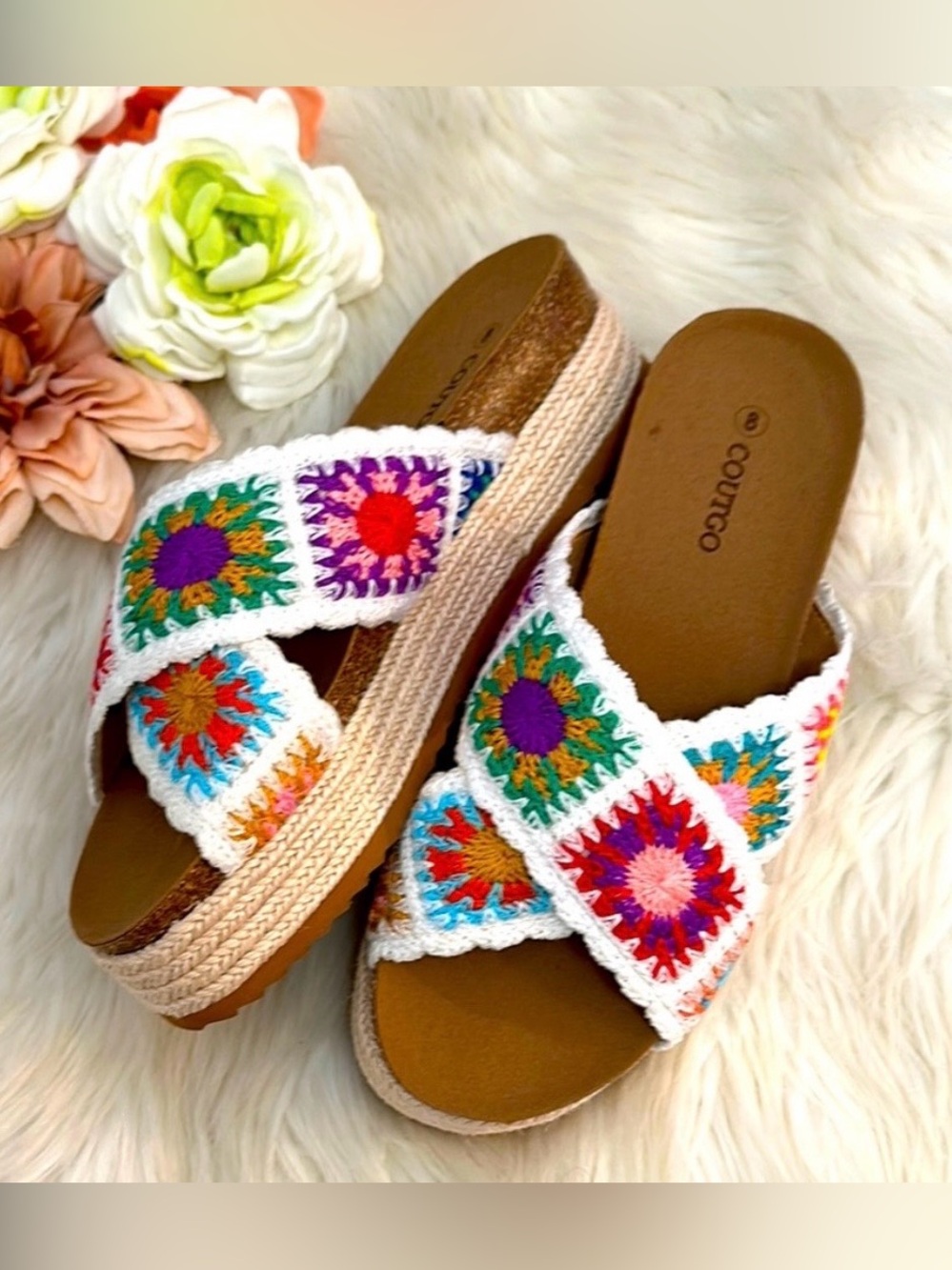 Women's Multi Colorful Crochet Woven Platform Sandal Slides Sz 8-9 NEW!